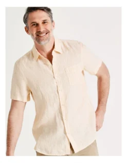 Kristofferson Linen Pin Stripe Short Sleeve Shirt In Yellow -Men's Fashion 857824570 3 1 720x928