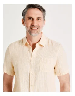 Kristofferson Linen Pin Stripe Short Sleeve Shirt In Yellow -Men's Fashion 857824570 4 1 720x928