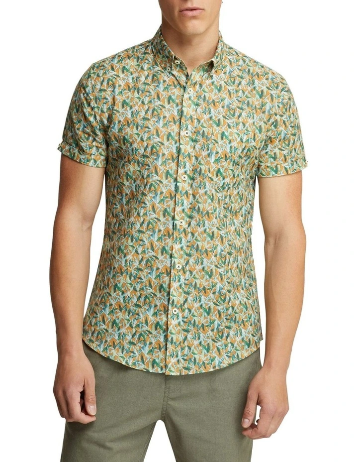 Oxford Tottenham Linen Cotton Print Short Sleeve Shirt Orange/Green 3 Oxford Tottenham Linen Cotton Print Short Sleeve Shirt Orange/Green