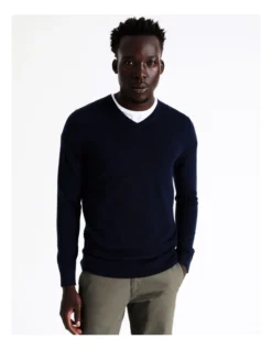 Australian Merino V-Neck Knit In Navy