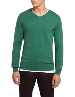 Oxford Perry Tipping V-Neck Cashmere Blend Pullover Green