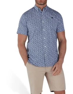 Blossom Print Poplin Short Sleeve Shirt In Blue