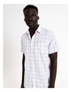 Large Check Linen Cotton Short Sleeve Shirt In Grey