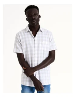 Large Check Linen Cotton Short Sleeve Shirt In Grey -Men's Fashion 916060780 3 1 720x928