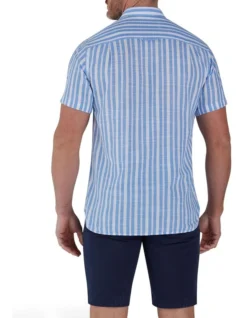 Multi Stripe Linen Cotton Short Sleeve Shirt In Blue -Men's Fashion 916061770 2 720x928