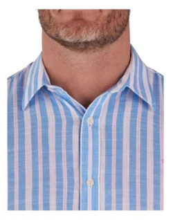 Multi Stripe Linen Cotton Short Sleeve Shirt In Blue -Men's Fashion 916061770 3 720x928