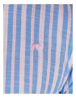 Multi Stripe Linen Cotton Short Sleeve Shirt In Blue -Men's Fashion 916061770 4 720x928