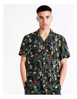Desert Garden Print Short Sleeve Rayon Shirt In Navy