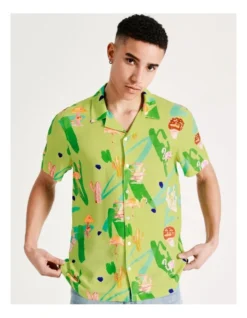 Barkly Print Short Sleeve Rayon Shirt In Green