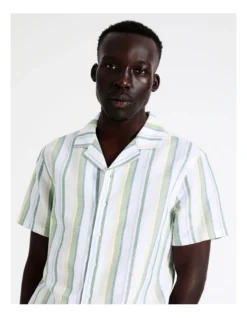 Jacob Stripe Short Sleeve Linen Blend Shirt In Green -Men's Fashion 918595360 2 720x928