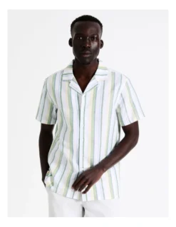 Jacob Stripe Short Sleeve Linen Blend Shirt In Green -Men's Fashion 918595360 4 720x928