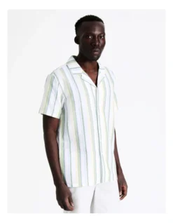 Jacob Stripe Short Sleeve Linen Blend Shirt In Green -Men's Fashion 918595360 5 720x928