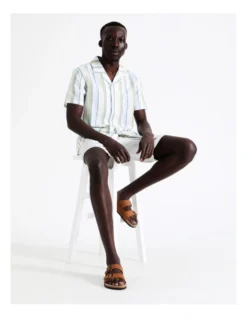 Jacob Stripe Short Sleeve Linen Blend Shirt In Green -Men's Fashion 918595360 7 720x928