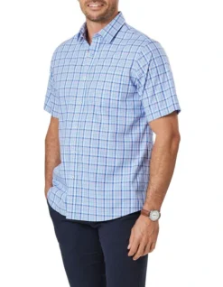 Easy Care Check Short Sleeve Shirt In Blue