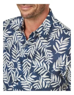 Linen Blend Leaf Print Short Sleeve Shirt In Navy -Men's Fashion 930760930 3 720x928