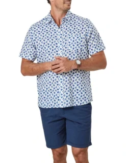 Linen Blend Turtle Print Short Sleeve Shirt In White/Blue