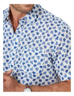 Linen Blend Turtle Print Short Sleeve Shirt In White/Blue -Men's Fashion 930764980 4 720x928