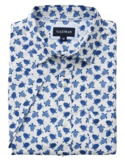 Linen Blend Turtle Print Short Sleeve Shirt In White/Blue -Men's Fashion 930764980 5 720x928