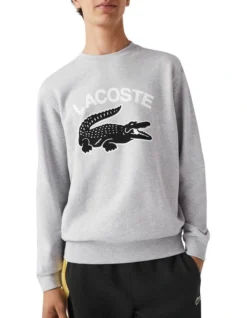 Lacoste Graphic Big Croc Logo Sweat In Silver Chine