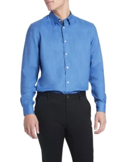 Felix Long Sleeve Linen Shirt In Bright Blue