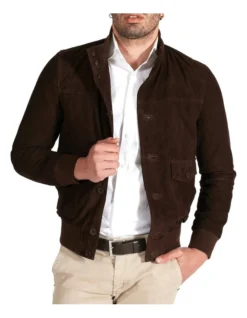 Suede Leather Button Bomber Jacket