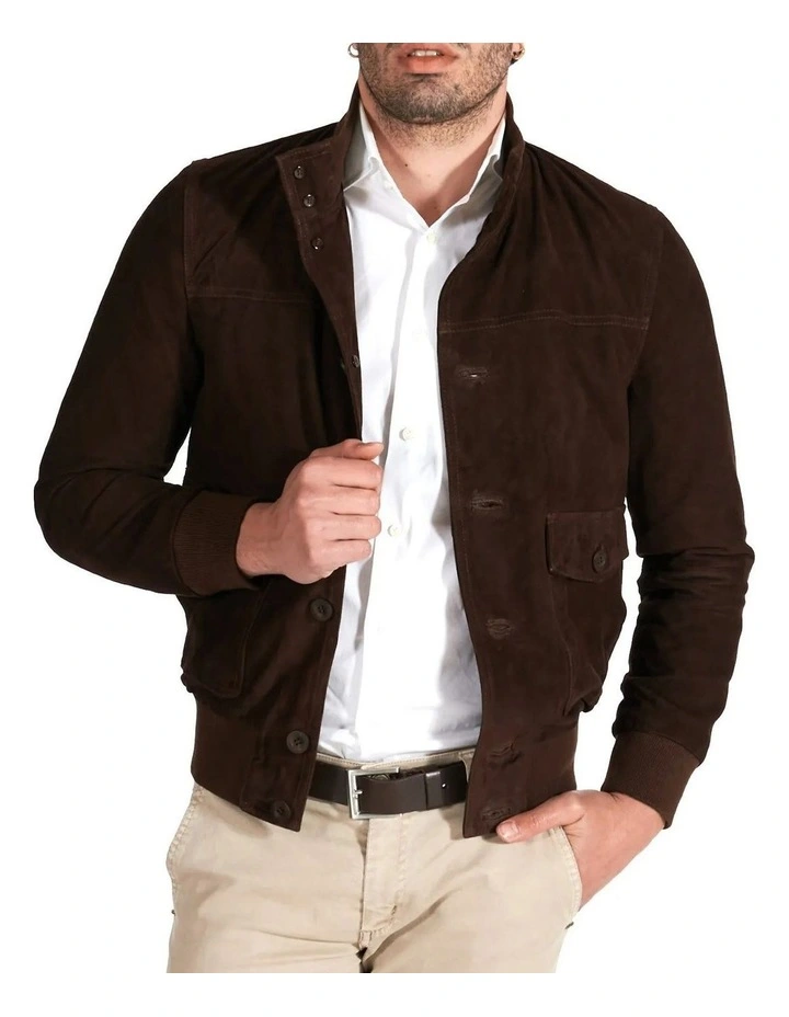 Suede Leather Button Bomber Jacket 3 Suede Leather Button Bomber Jacket