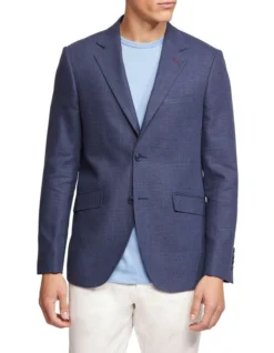 Oxford Blake Linen Blend Checked Blazer In Navy