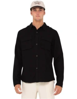 Rusty Linen Workwear Long Sleeve Shirt In Black