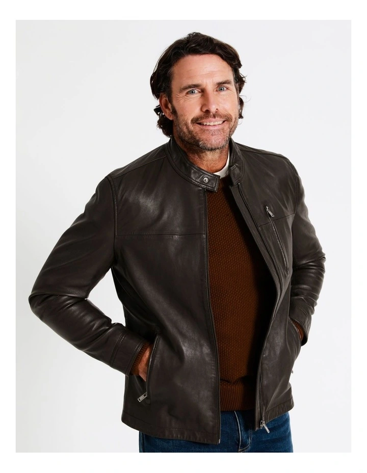 Hindley Stand Collar Leather Jacket In Brown 4 Hindley Stand Collar Leather Jacket In Brown - Image 2