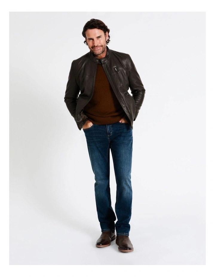 Hindley Stand Collar Leather Jacket In Brown 5 Hindley Stand Collar Leather Jacket In Brown - Image 3