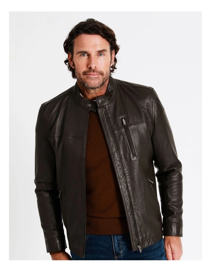 Hindley Stand Collar Leather Jacket In Brown 6 Hindley Stand Collar Leather Jacket In Brown - Image 4