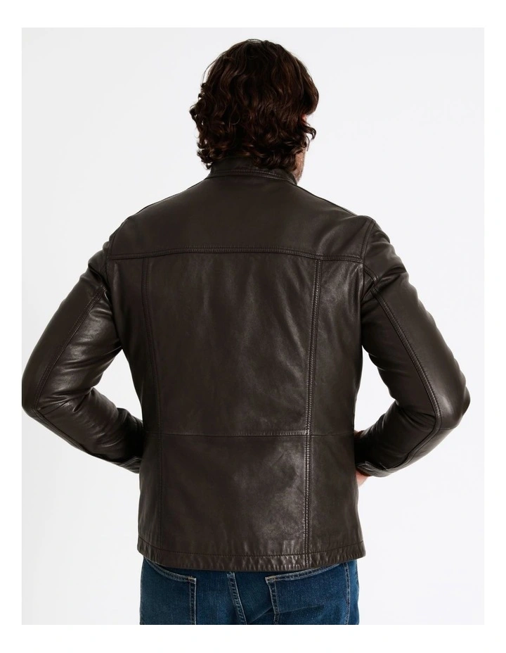 Hindley Stand Collar Leather Jacket In Brown 8 Hindley Stand Collar Leather Jacket In Brown - Image 6
