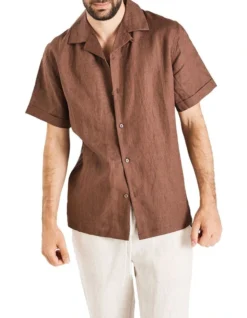 Camper Short Sleeve Linen Shirt In Chocolate