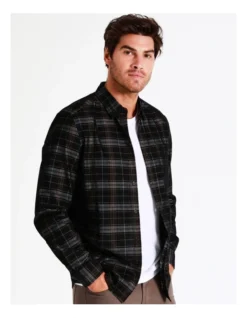 Ozai Long Sleeve Cord Check Overshirt In Black