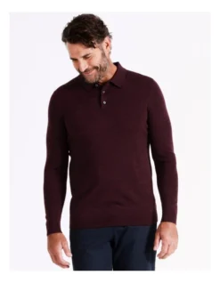 Australian Merino Knitted Long Sleeve Polo In Red