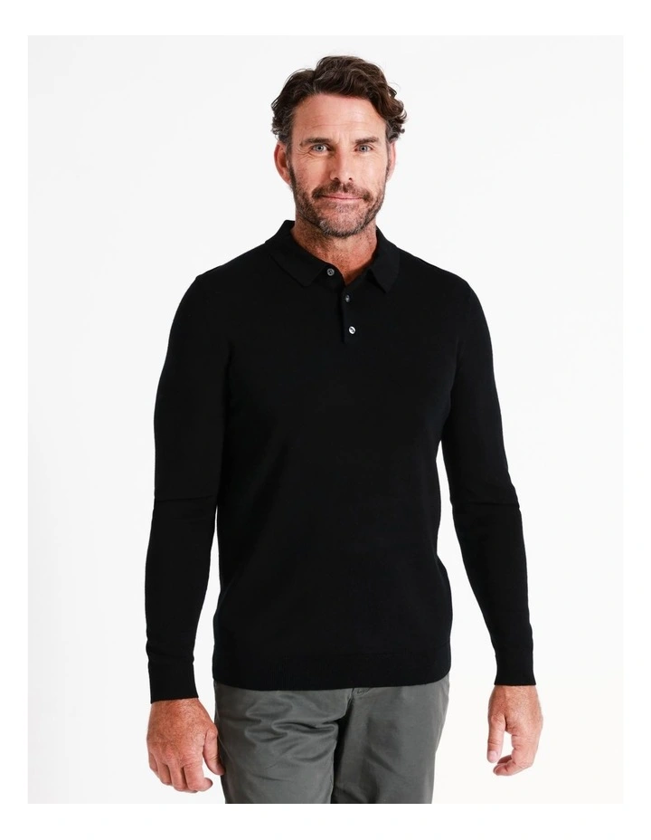 Australian Merino Knitted Long Sleeve Polo In Black 3 Australian Merino Knitted Long Sleeve Polo In Black