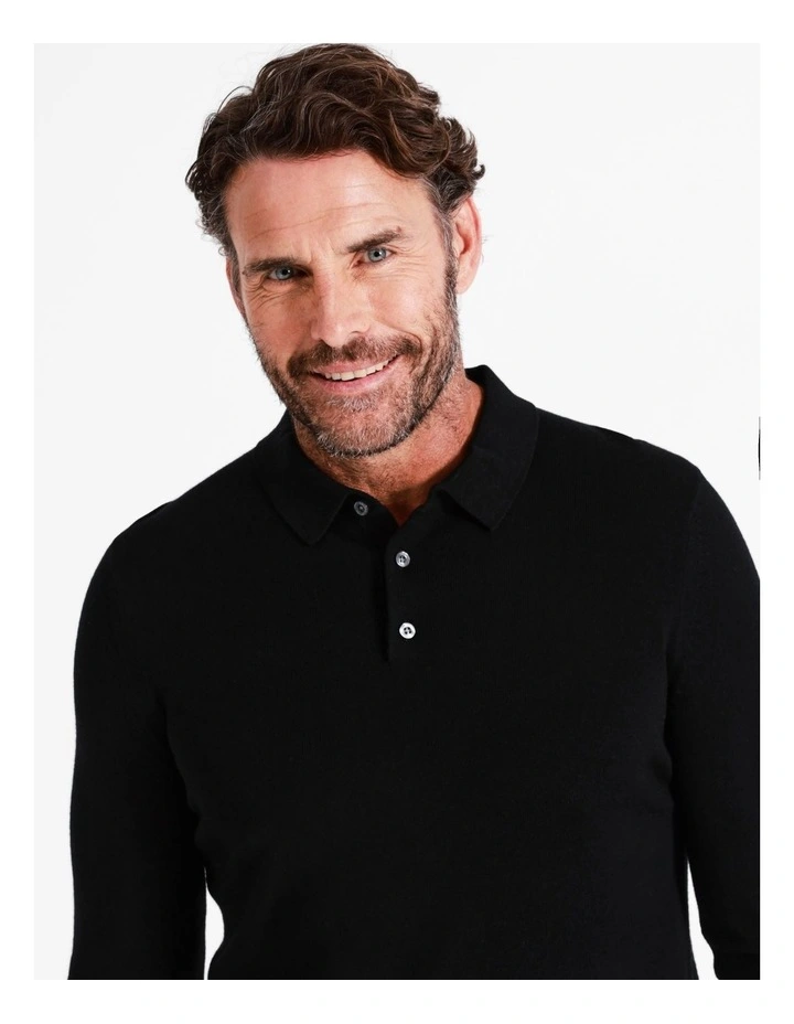 Australian Merino Knitted Long Sleeve Polo In Black 4 Australian Merino Knitted Long Sleeve Polo In Black - Image 2