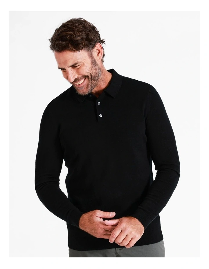 Australian Merino Knitted Long Sleeve Polo In Black 9 Australian Merino Knitted Long Sleeve Polo In Black - Image 7