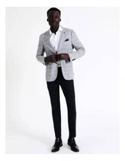 Slim Windowpane Linen Blend Blazer In Grey