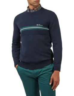 Ben Sherman Chest Stripe Crew Knit In Blue