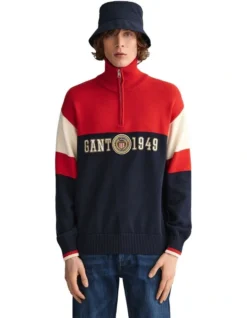 Gant Crest Shield Half Zip Knit In Ruby Red
