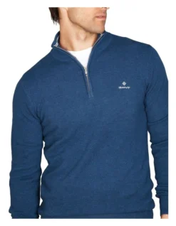 Gant Cotton Pique Half Zip Knit In Blue -Men's Fashion 974190700 3 720x928