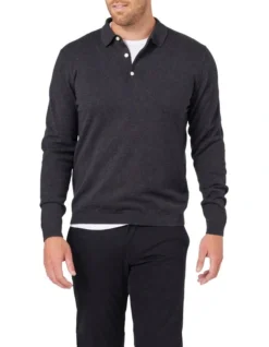 Basic Long Sleeve Knit Polo In Charcoal