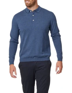 Basic Long Sleeve Knit Polo In Steel Blue