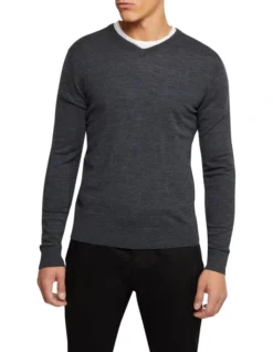 Oxford V-Neck Pure Merino Wool Pullover In Grey