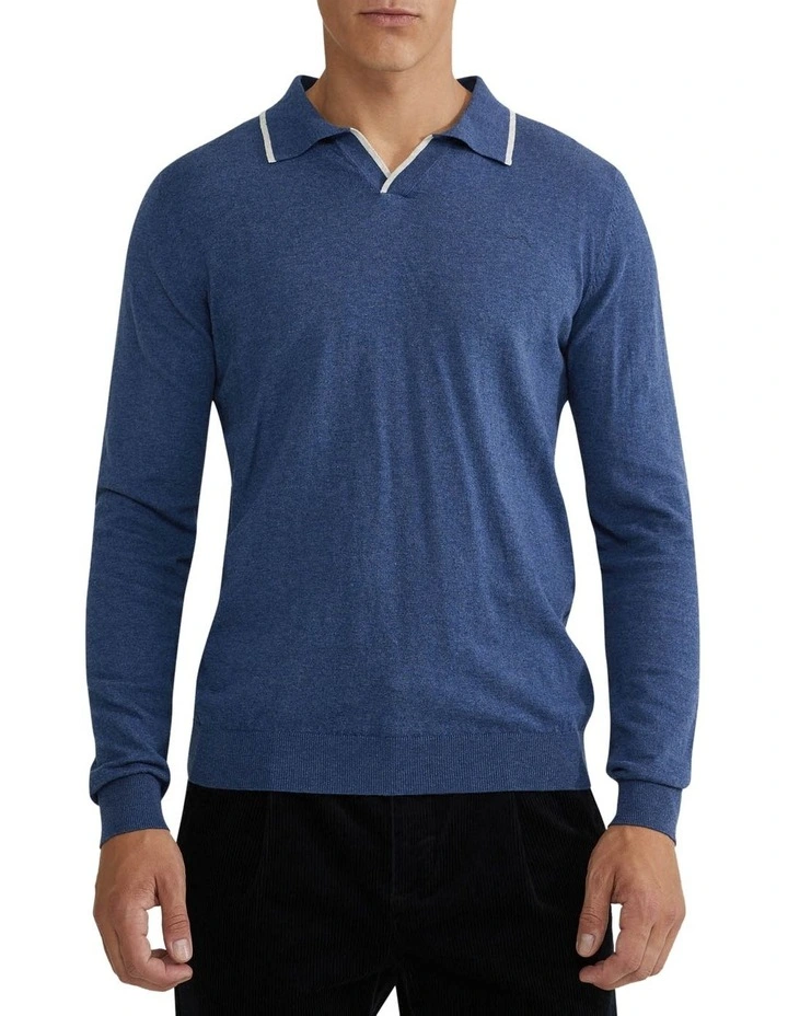Oxford Reiss Tipping Collar Long Sleeve Knit Polo In Blue 6 Oxford Reiss Tipping Collar Long Sleeve Knit Polo In Blue - Image 4