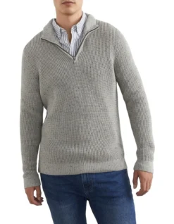 French Connection Waffle Half Zip Knit In Grey