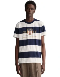 Gant Bar Stripe Archive Shield T-Shirt In Beige/Navy
